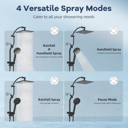Square 10-Inch All-Metal Rainfall Shower Head & 10 Mode Filtered Handheld - Matte Black