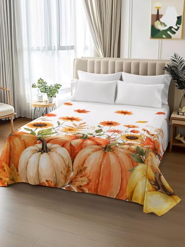 Cal King Size Flat Sheet with Pumpkin Sunflower Maple Leaf Design Orange - Microfiber Breathable Bedding