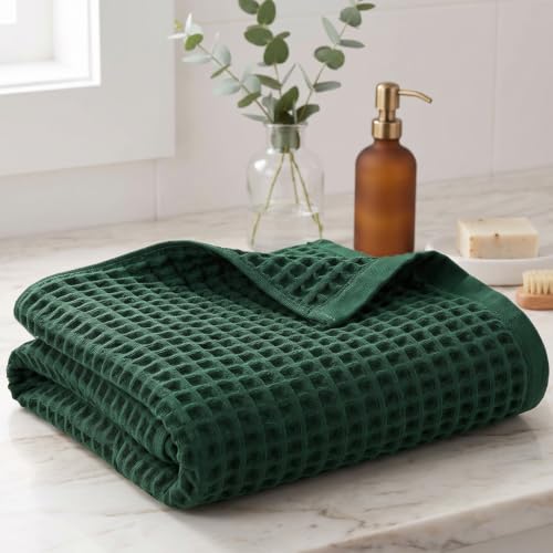 Large Cotton Waffle Bath Towel - 29x60 Inch, Forest Green