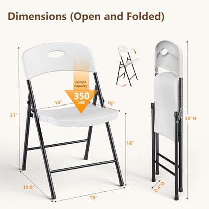 White Plastic Folding Chair, Heavy Duty Steel Frame 350 Lbs Capacity, Stackable & Portable - 2 Pack