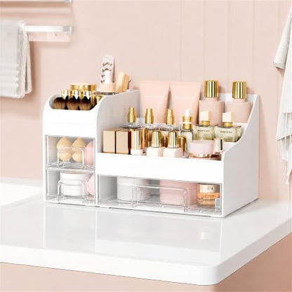 Extra Large Makeup Organizer with 3 Drawers & Brush Holder - White Clear Variation