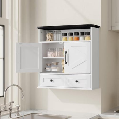 White Wall Mounted Bathroom Cabinet with Double Barn Doors and Removable Drawer - Farmhouse Style