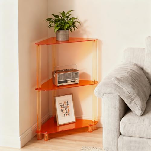Acrylic Corner Side Table 3-Tier Triangle Shelves - Orange, Space-Saving Design