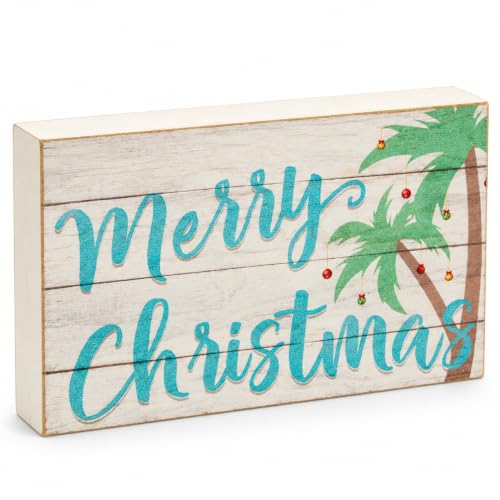 Coastal Christmas Wooden Shelf Sitter Sign with Palm Trees - Beach Decor