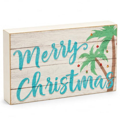 Coastal Christmas Wooden Shelf Sitter Sign with Palm Trees - Beach Decor