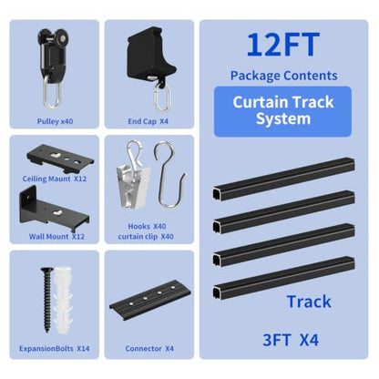 Black Ceiling Curtain Track 12FT Room Divider Aluminum Heavy Duty Splicing - Black / 12FT