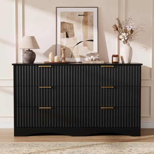 Black Bedroom Dresser with 6 Drawers and Fluted Front - 47.2 Inch