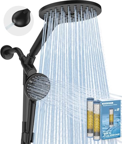 MakeFit Dual Filtered Rain Shower Head Combo - Matte Black, High Pressure Handheld & Rainfall Showerhead with Filter for Hard Water