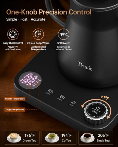 Gooseneck Electric Kettle with Temperature Control 0.9L Black Wood - Precise Heating