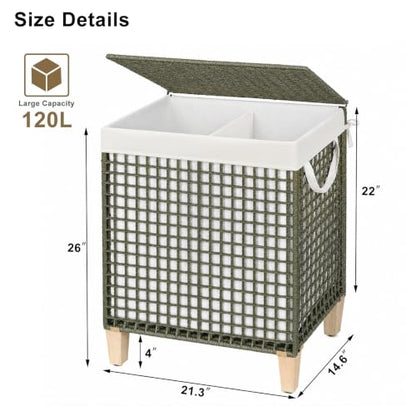 Double Laundry Hamper with Lid and Wood Feet, 120L Handwoven Basket