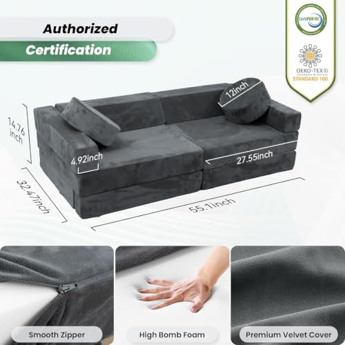 Modular Kids Play Couch Set - Dark Grey, 14.7x32.4x55.1 Inches, 16 Pieces
