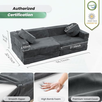Modular Kids Play Couch Set - Dark Grey, 14.7x32.4x55.1 Inches, 16 Pieces