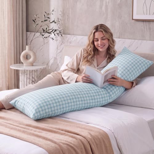 Plaid Blue Cotton Body Pillow Cover 20 x 54 Inches - Breathable & Soft Bedding