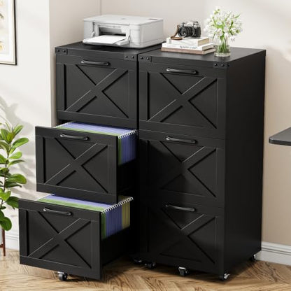 Farmhouse 3-Drawer Tall File Cabinet on Wheels - Black, Space-Saving Storage