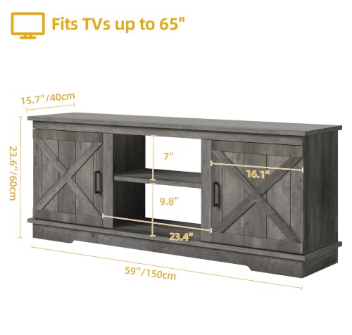 65-Inch TV Stand with Barn Doors and Adjustable Shelf, Rustic Grey - 59" without Fireplace