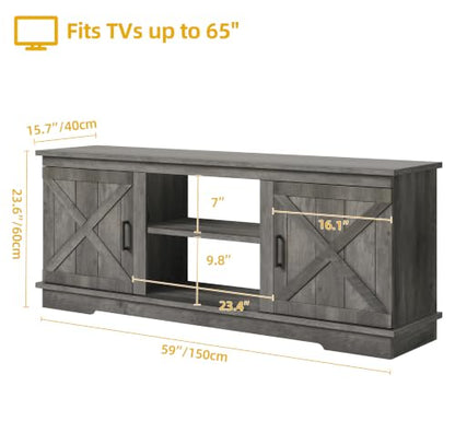 65-Inch TV Stand with Barn Doors and Adjustable Shelf, Rustic Grey - 59" without Fireplace