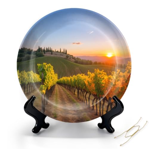 8-Inch Ceramic Decorative Plate for Wall & Display with Stand and Hook - Tuscany Vineyards Sunset Olive Fields