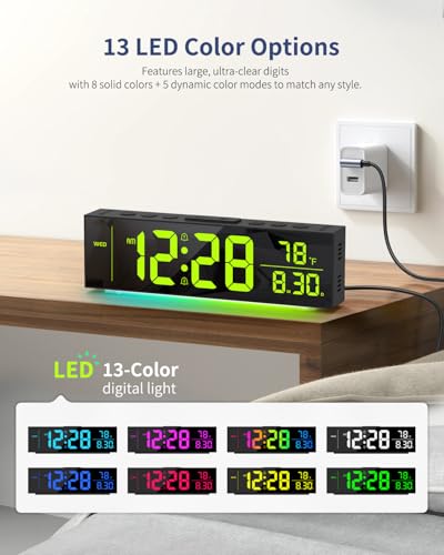 Digital Wall Clock with Color Options, Date, Temperature & Nightlight