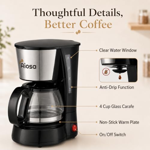 4 Cup Mini Drip Coffee Maker with Reusable Filter & Keep Warm Function - Anti-Drip