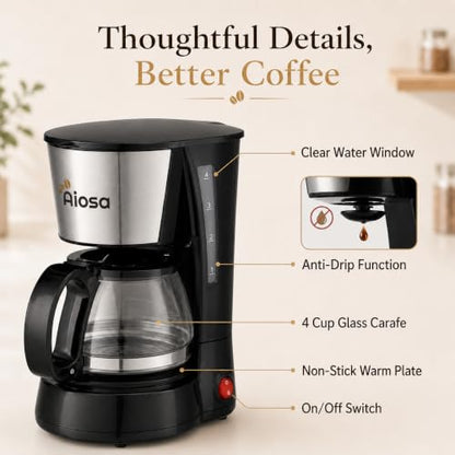 4 Cup Mini Drip Coffee Maker with Reusable Filter & Keep Warm Function - Anti-Drip
