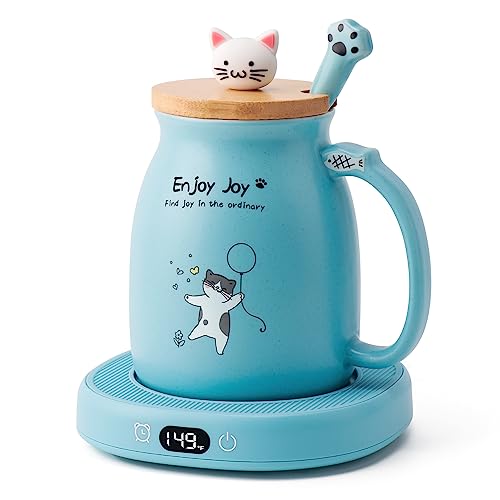 Blue Cat Mug Warmer Set for Desk with Heated Cup and Spoon