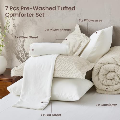 Queen Comforter Set 7-Piece Boho Tufted Bed in a Bag Beige & White