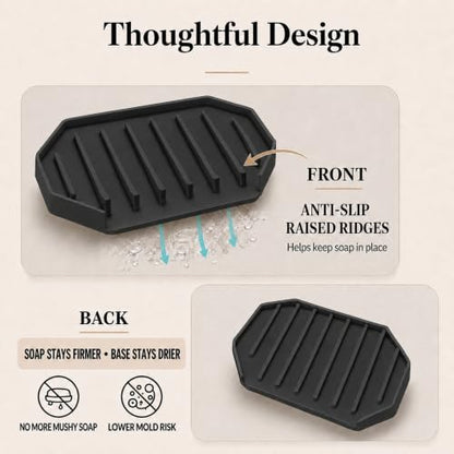 Black Silicone Soap Dish Holder for Shower - 2 Pack Large Drainage