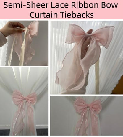 Pink French Silky Bow Curtain Tiebacks - 2 Pack, Elegant Lace Ribbon Holdbacks for Bedroom & Living Room Decor - Hot Pink