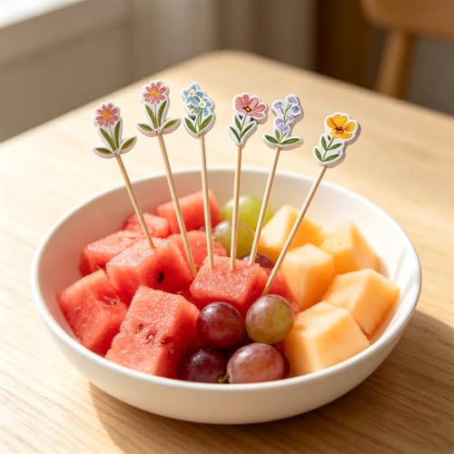 100PCS Floral Design Cocktail Picks for Fruit & Snacks - Bamboo Toothpicks