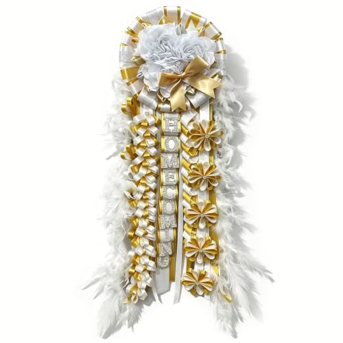 Large White Gold Homecoming Mum with Feathers & Satin Ribbon - Variation: White Gold Hoco