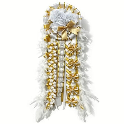 Large White Gold Homecoming Mum with Feathers & Satin Ribbon - Variation: White Gold Hoco