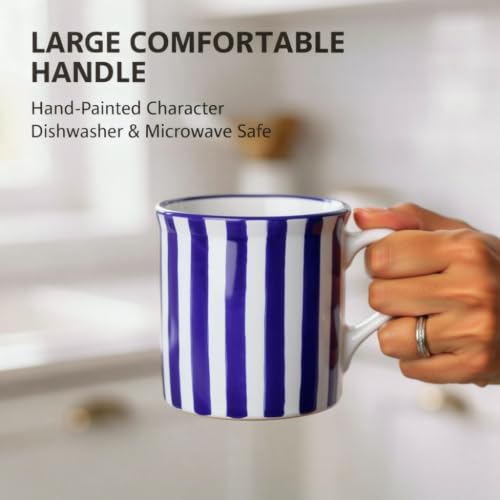 Large Handmade Ceramic Mug 17.5oz Navy Blue Stripe Coffee Tea Cup with Handle