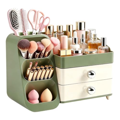 Large Capacity Makeup Organizer with Brush Holder - Green