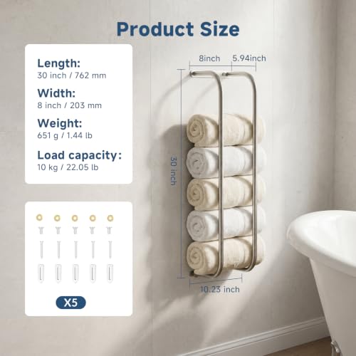 Wall Mounted Towel Rack with Hooks - Brushed Gold Finish for Bathroom