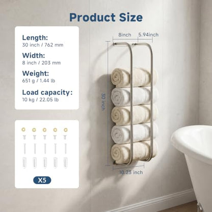 Wall Mounted Towel Rack with Hooks - Brushed Gold Finish for Bathroom