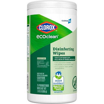 CloroxPro Clorox EcoClean Disinfecting Wipes, Multipurpose 100% Plant Based Cleaning Cloths, Antibacterial Disinfectant, Safe for Multi Surface Use, 75 Count (Pack of 6)