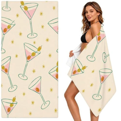 Martini Cocktail Chic Microfiber Beach Towel - Oversized 32x52in, Quick Dry Sand-Free Travel Towel