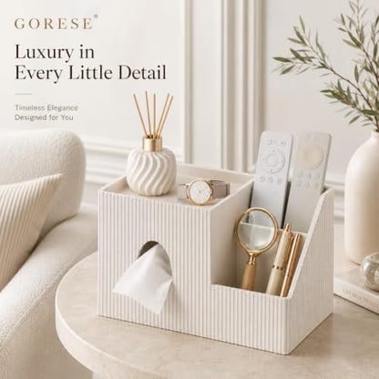 GORESE Leather Square Tissue Box Cover with Storage Tray - Ivory White