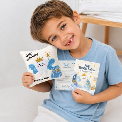 White Tooth Fairy Pillow with Book & Tracking Chart Set for Boys Girls