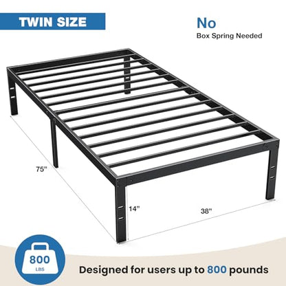 OLIXIS Metal Twin Bed Frame - 14in High with Storage Space, No Box Spring Needed with Sturdy Steel Slat Support, 800LBS Heavy Duty for Easy Assembly, Black for Bedroom
