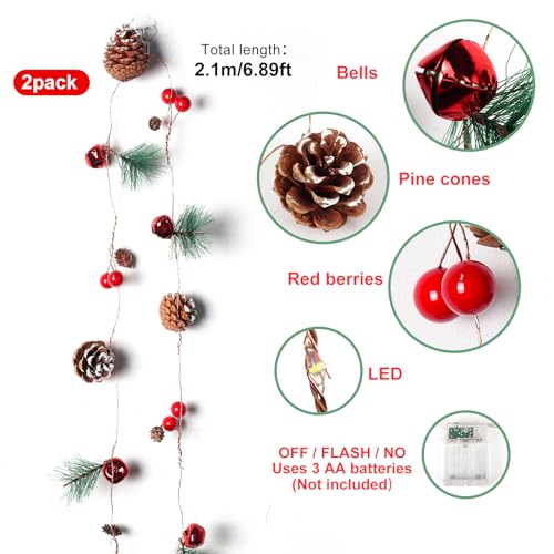 2 Pack Christmas Pine Cone Garland Lights 7FT Battery Operated Holiday Decor