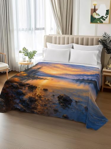 Blue King Size Flat Sheet - Microfiber Breathable Bedding with Mountain Landscape