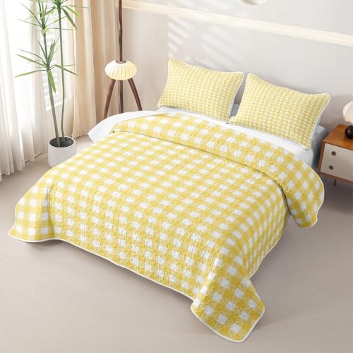 Yellow White Checkered Kids Quilt Set Full Size Plaid Geometric Bedspread for All Seasons - Boys & Girls Bedding