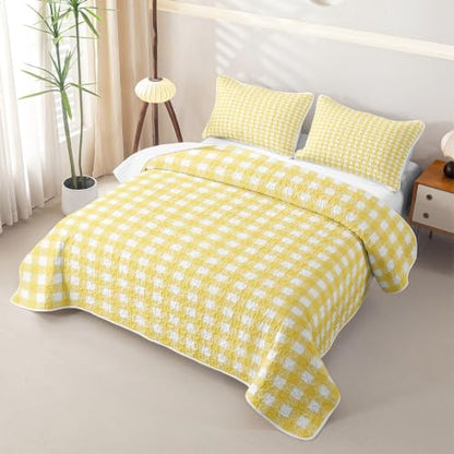 Yellow White Checkered Kids Quilt Set Full Size Plaid Geometric Bedspread for All Seasons - Boys & Girls Bedding