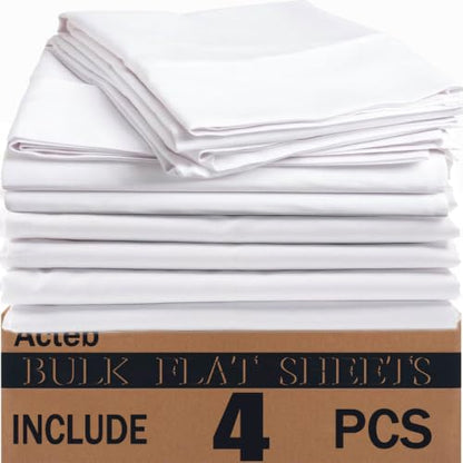 Twin Flat Sheets Pack of 4 - White Bed Sheets 66x96 Inches Hotel Quality