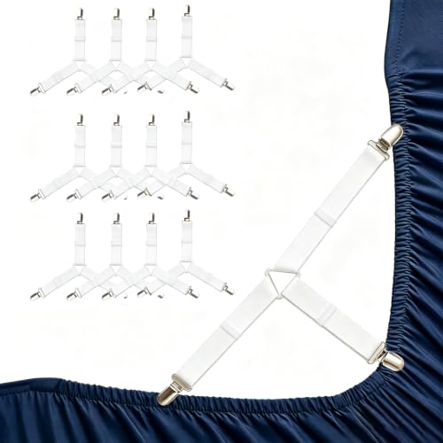 Adjustable Bed Sheet Straps with Triangular Support - White, 12 PCS