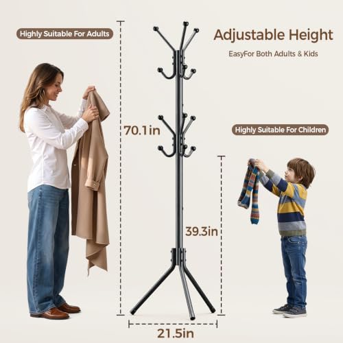 Freestanding Metal Coat Rack with 12 Hooks - Black, 70.1 x 21.5 inches