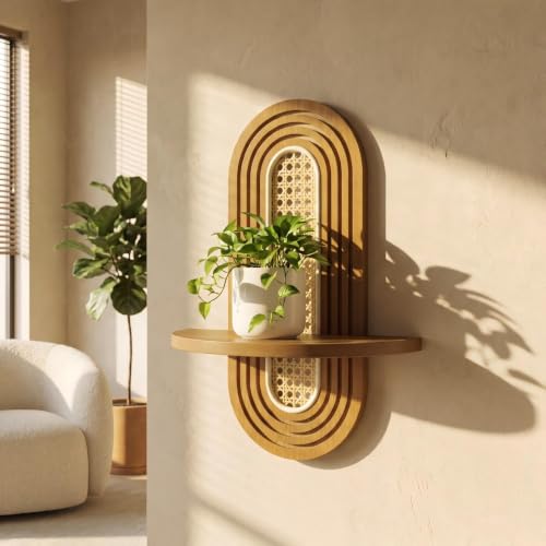 Walnut Boho Rattan Floating Wall Shelf - Mid-Century Plant Display