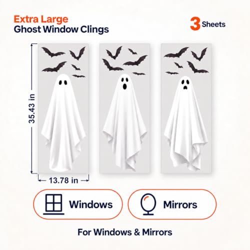 Halloween Ghost Window Clings & Mirror Decals - Large 3 Sheets - Ghosts & Bats - Halloween