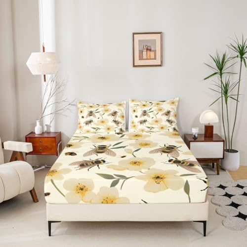 Kids Queen Size Floral Fitted Sheet Set with Pillowcases - Yellow, 60x80 Inches